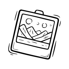 Vintage polaroid photo frame with mountain landscape drawing, retro picture memory, travel photography art