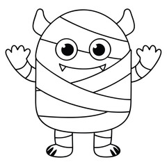 Outline of a mummy monster with bandages and horns on a white background cartoon character