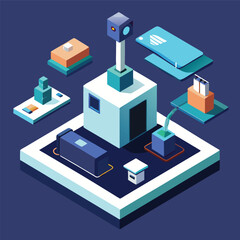 Isometric 3D vector illustration of a modern office building on a city map with a street