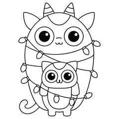 Two cute cartoon monsters wrapped in Christmas lights in black and white outline character
