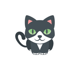 Illustration of a black and white cat with green eyes sitting upright on a white background art work