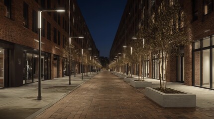 Fototapeta premium Extensive office complex exterior in loft style. Red brick buildings of former factory, gasholders. Evening architecture lighting, street lamps. 