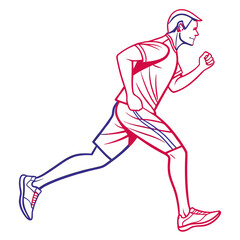 Athletic runner illustration with red and blue lines, depicting movement and fitness.

