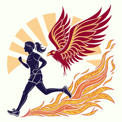 Possible Adobe Stock keywords: "Phoenix runner transformation," "woman running rising phoenix," "silhouette overcoming adversity."


