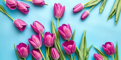Obraz premium Vibrant purple tulips arranged on a serene blue backdrop, ideal for spring designs, isolated tulips, spring motif