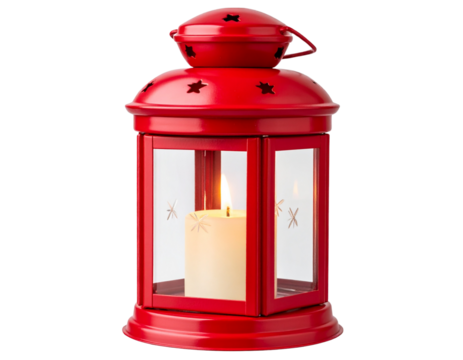  Vintage Red Christmas Lantern Prop with Flickering Candle Light, isolated on transparent background PNG - Powered by Adobe