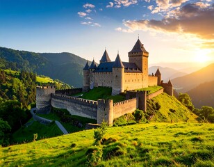 Majestic castle at sunset over rolling hills