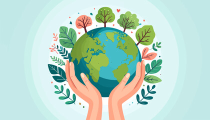 Hands holding planet Earth with growing trees and plants. Environmental protection and care concept.