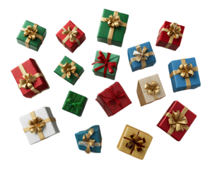  Mini Christmas Gift Boxes Scattered Randomly, Mixed Sizes and Colors, Flat-Lay Composition, Isolated on Transparent Background PNG
