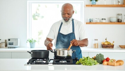 Elderly Man Home Cooking in Action – Vibrant Kitchen Prep with Fresh Ingredients and Flavorful Dishes