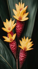 Vibrant yellow flowers blooming from red ginger plants in lush greenery