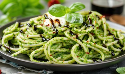 Pesto pasta overhead close up shot with basil leaves garnish and creamy sauce