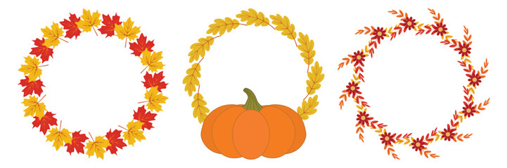 PrintSet of round autumn wreaths: one with maple leaves, one with oak leaves and pumpkins, and one with colorful fall foliage and red flowers. Vector decorative collection on white background. Copy sp