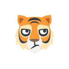 Illustration of a sad cartoon tiger face with orange fur and black stripes on a white background