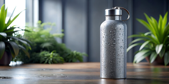 A sleek, metallic water bottle covered in refreshing water droplets, placed on a wooden surface with lush green plants in the background, symbolizing healthy hydration and an active lifestyle - Powered by Adobe