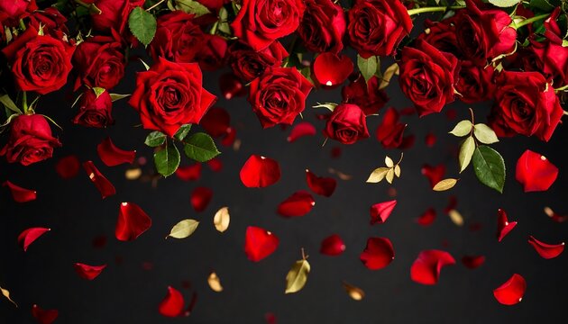 Romantic Red Roses  Petals Floating on Black Background Love with Valentines Day.
