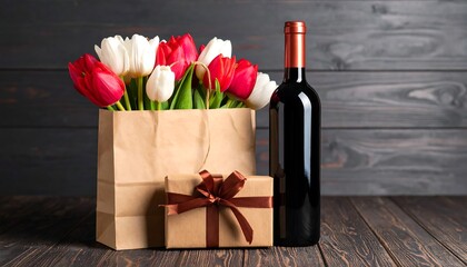 Romantic gift set Tulips with wine bottle, and present on a wooden table, and closeup.
