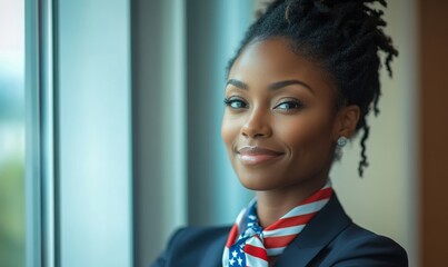 cheerful black businesswoman, proudly wearing the American flag, gazes out of her office window, celebrating the 4th of July Independence Day, Generative AI