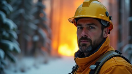 Brave firefighter in yellow helmet and jacket stands in a snowy forest with a large wildfire burning behind him