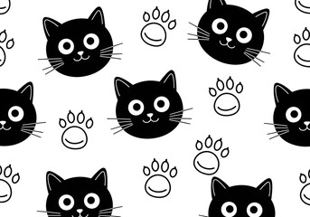 Obraz premium Playful Black Cat Pattern Whimsical Feline Heads and Paw Prints on White Background