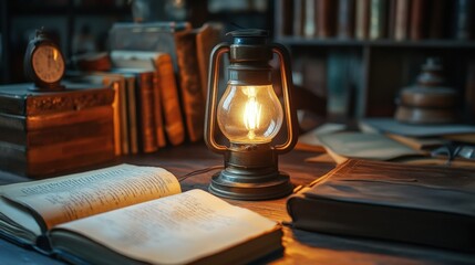 Antique kerosene lamp illuminating an open book on a wooden table.