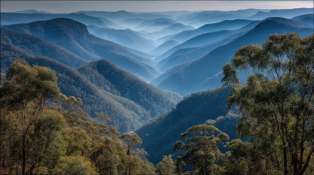 Misty mountain range panorama. Lush green forests frame a deep valley,  blue-toned peaks