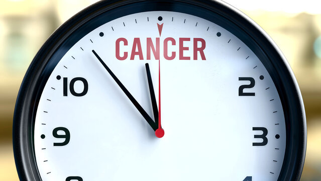 Cancer that is going to happen soon. Incoming cancer, approaching in the near future. Cancer almost here, in a short time - a clock symbolizes a reminder that cancer is near. ,3d illustration