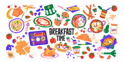 Hand drawn breakfast food set. Healthy ingredients. Eggs, berries, yoghurt, tomato, mushrooms, butter, beans, sugar. English breakfast ingredients. Cartoon doodle vector flat illustration