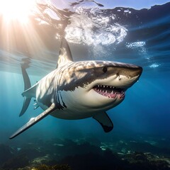 Fototapeta premium Great white shark underwater, sunlit, open mouth