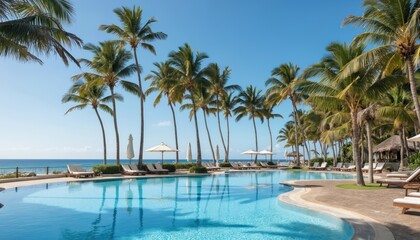 Obraz premium Tropical luxury beach resort pool with palm trees umbrellas lounge chairs. Crystal blue water meets ocean horizon. Perfect vacation getaway, peaceful relaxation, summer seaside escape.