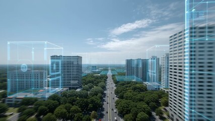 Wide cityscape view enhanced with digital overlays showcasing modern architecture and urban life - Powered by Adobe