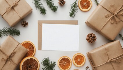 gift boxes on white table and fir branches. box with ribbon bow present on holiday wrapped paper. minimalistic Christmas gifts and card mockup 