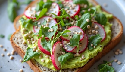 Radish and arugula avocado toast on whole grain bread with a sprinkle of seeds.
