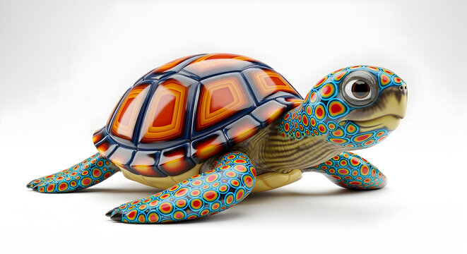 Vibrant, colorful turtle sculpture with intricate patterns on shell and limbs, studio shot