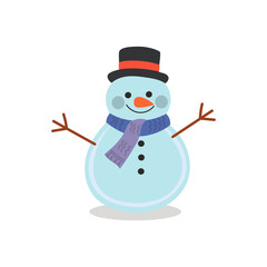 Cute cartoon snowman with blue scarf and black top hat – festive winter vector for Christmas cards, seasonal crafts, and kids’ decorations.