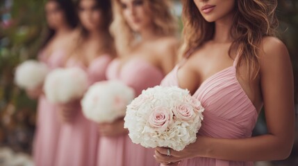 Bridesmaids holding elegant floral bouquets at a wedding ceremony