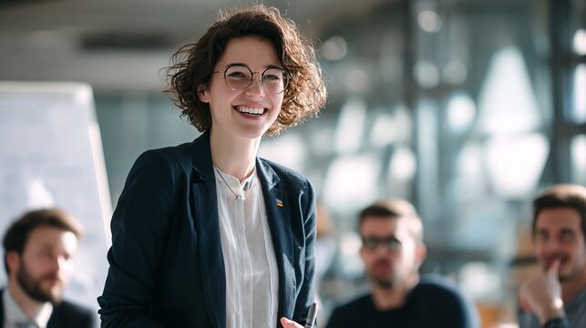 A nonbinary professional leading a meeting in a modern conference room, wearing a pride flag pin, surrounded by an attentive and inclusive team, with natural daylight highlighting a respectful, progre