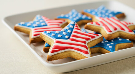 Decorated star-shaped cookies with American flag icing on white tray, celebrating patriotic holiday, Independence Day, or American-themed event with festive cookies