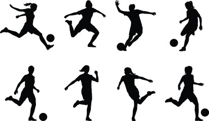 Silhouettes of boys and girls playing soccer, kicking ball, running with ball, youth sports, outdoor football, athletic movement, active kids.