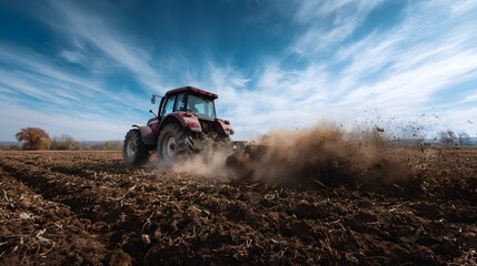 Naklejka premium Tractor plowing farmland under a clear blue sky