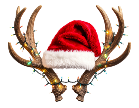  Whimsical Reindeer Antlers with Santa Hat and Twinkling Lights, Centered Front View, isolated on transparent background PNG