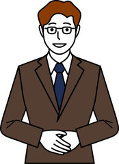 メガネ、茶色のスーツ、正面を向き、両手を前で重ねて話す男性