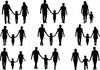 Silhouettes of families holding hands with children, loving parents, family unity, walking together, parent-child bond, togetherness, happy family moments
