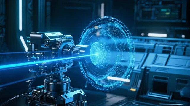 Futuristic communication technology vector design with a blue digital network and metal engine light illustration