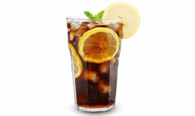 Refreshing cold dark drink with lemon and ice in a tall clear glass