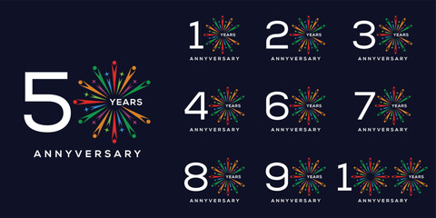 set bundle of 10 to 100th anniversary logo design, with colorful fireworks for celebration event wedding and birthday vector template