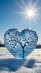 Fototapeta premium A stunning ice sculpture in the shape of a heart, crafted with intricate detail, radiating in the sunlight, showcasing the beauty of winter and nature's artistry, a symbol of love