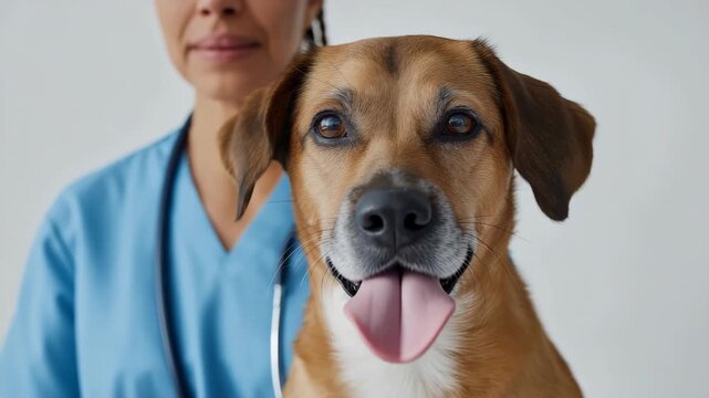 A woman is holding a dog that has a white patch on its face. The dog is licking the woman's hand