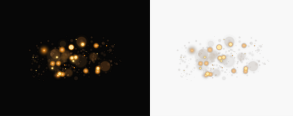 Shiny dust particles with yellow light, glowing background and vector magic png.