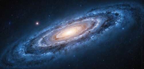 Abstract blue spiral galaxy with glowing stars in dark space. Cosmic universe pattern featuring celestial light, shimmer, nebulae. Deep, infinite, mysterious science art illustration for wallpaper.